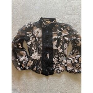 Peach Women's Medium Floral Embroidered Sheer Blouse Lace Trim Button‎ Down Top